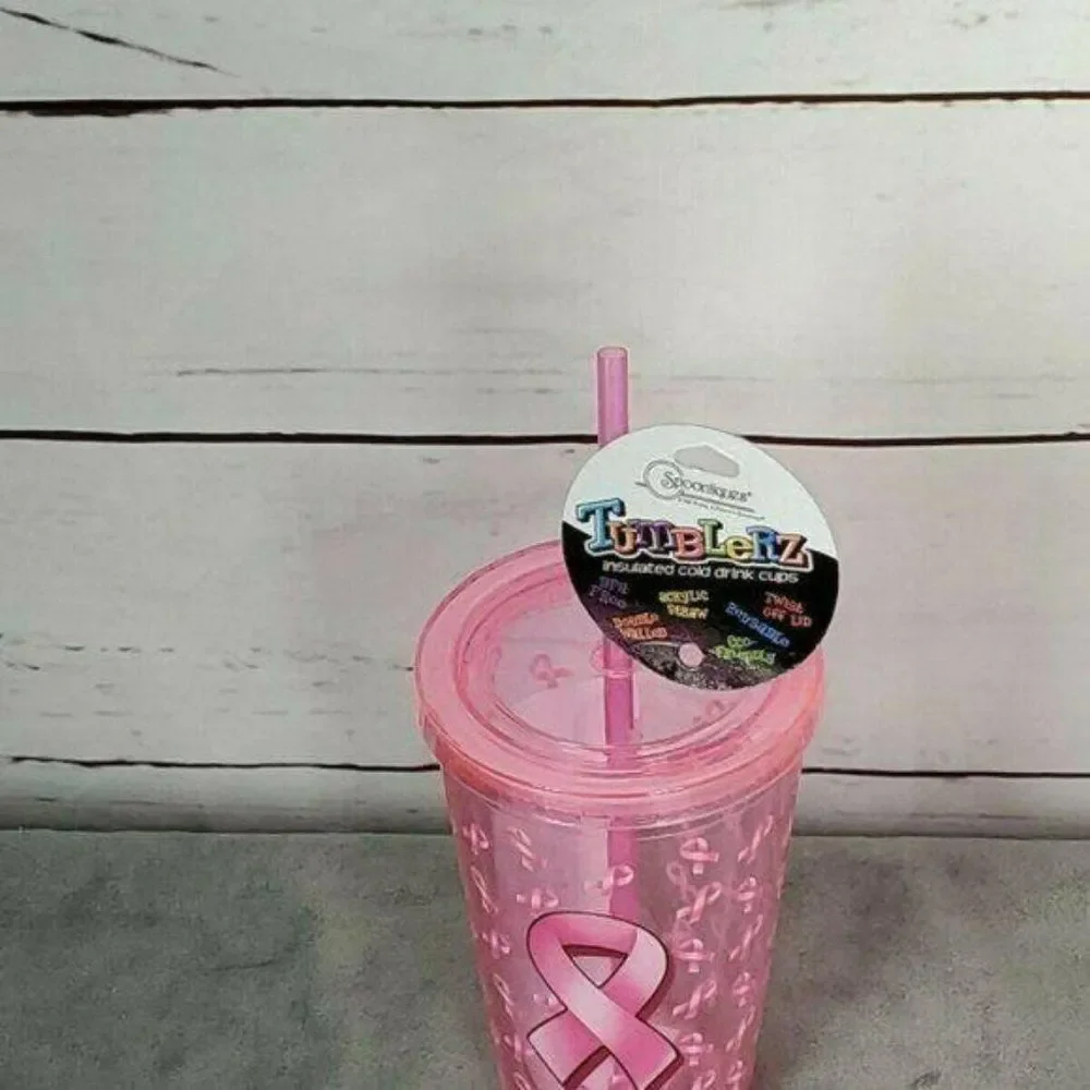 Spoontiques Insulated Tumbler‎ Straw Pink Ribbon Breast Cancer Awareness Cup